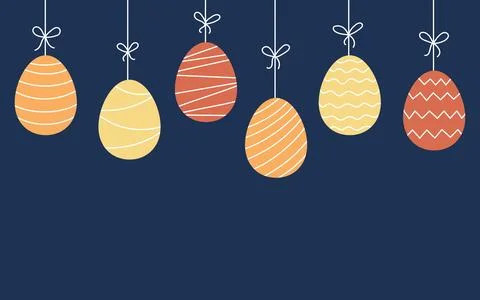 Painted color Easter eggs hanging on string, seamless border on dark background Illustrazione stock