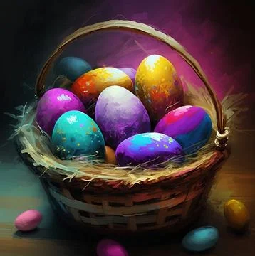 Painted color easter eggs in the wicker basket 스톡 일러스트