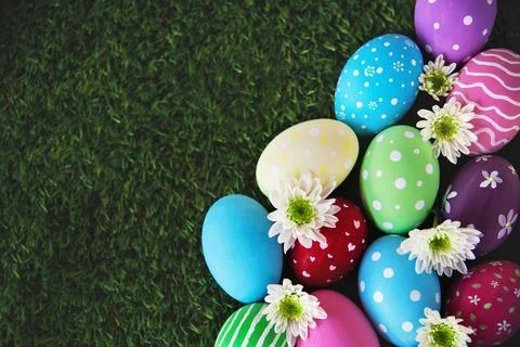 Painted colorful Easter eggs background - Easter holiday celebration backgrou Stock Photos