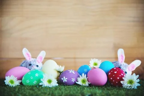 Painted colorful Easter eggs background - Easter holiday celebration backgrou Stock Photos