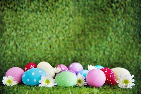 Painted colorful Easter eggs background - Easter holiday celebration backgrou Stock Photos
