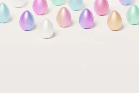 Painted colorful Easter eggs, white background, spring April holidays card, 3d Stock Illustration