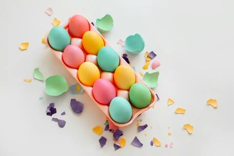 Painted colorful eggs on a tray for Easter day. Stock Photos