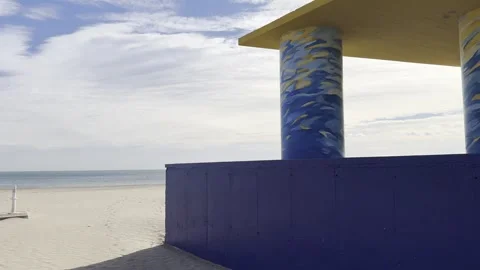 Painted construction on Malvarrosa beach in Valencia in November Stock Footage 255289021