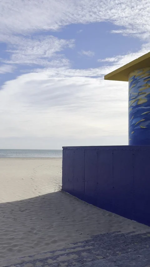 Painted construction on Malvarrosa beach in Valencia in November. Vertical Stock Footage 255289022