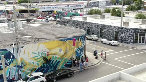 Painted Corner Building and Visitors in Wynwood, Miami Vídeo Stock 100092901