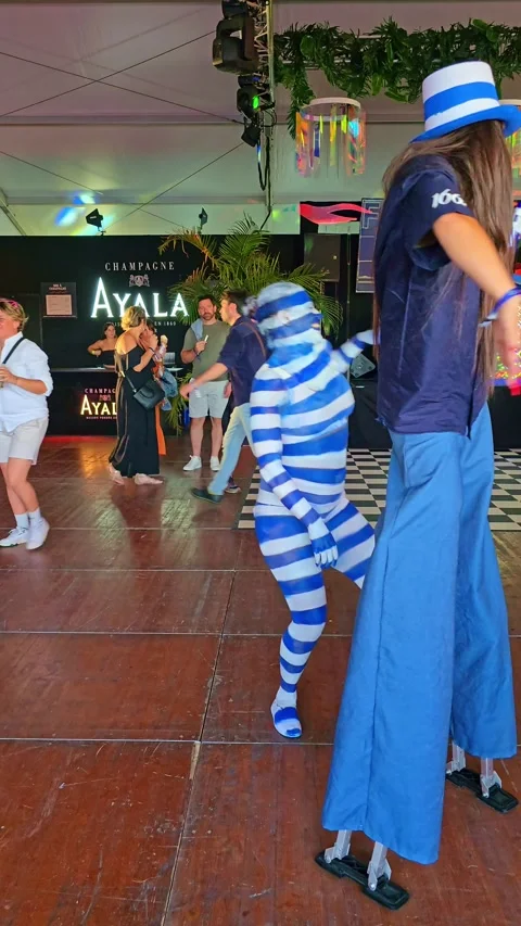 Painted Dancer and Stilt Performer Entertain Crowd at Festival Event Stock Footage 314650446