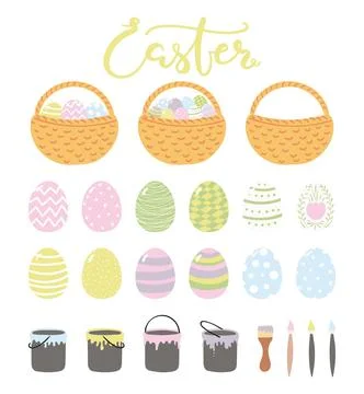 Painted, died Easter egg, basket illustration isolated set Stock Illustration