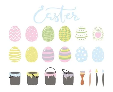 Painted, died Easter egg, paint bucket, brush illustration isolated set Stock Illustration