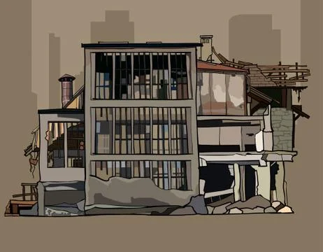 Painted dilapidated three storey building in ruins Ilustración de archivo