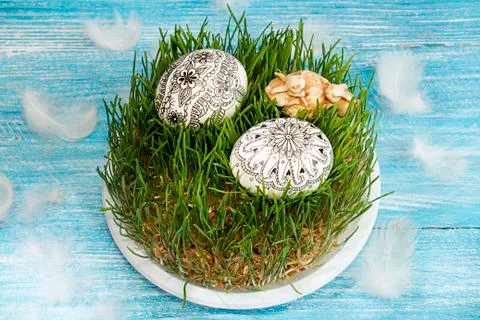 Painted doodle easter eggs and easter rabbits on green grass Stock Photos