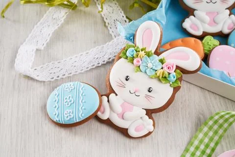 Painted easter bunny and blue egg gingerbreads Stock Photos