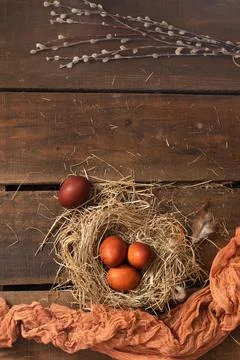 Painted Easter chicken eggs in a nest and willow branches. Holiday Easter Stock Photos