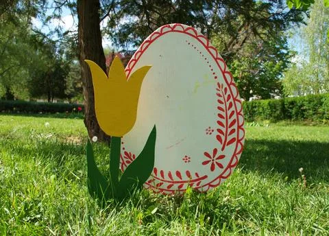 Painted Easter Egg and Yellow Tulip Decoration and Copy Space, Sunny Spring Park Stock Photos