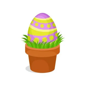 Painted Easter egg in ceramic pot with green grass. Spring holiday. Flat vector Illustrazione stock