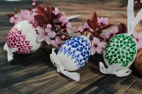Painted Easter egg with cherry branch Stock Photos