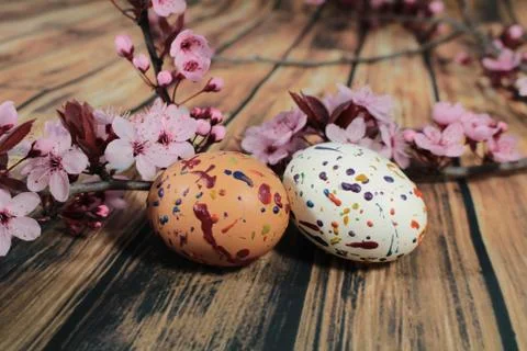 Painted Easter egg with cherry branch Stock Photos