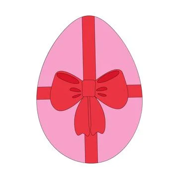 Painted Easter Egg Tied by Red Ribbon Bow Easter Sticker Icon Minimalist Flat Stock Illustration