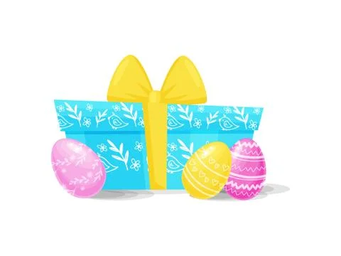 Painted Easter eggs and blue gift box with yellow box. Spring holiday. Flat Stock Illustration
