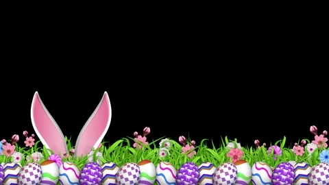 Painted easter eggs and white bunny ears rest in green grass near darkness Stock Footage 331129611