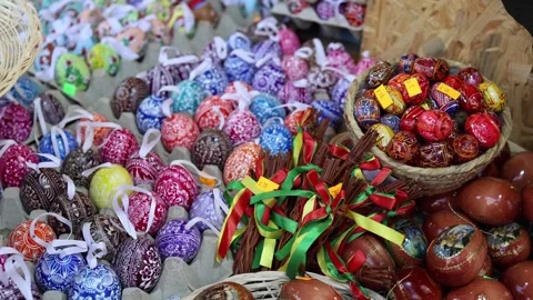 Painted Easter eggs and willow whips market display Video stock 331812145