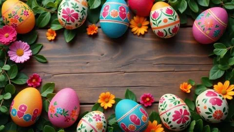 Painted Easter Eggs Arranged in a Border on a Dark Wooden Foto stock