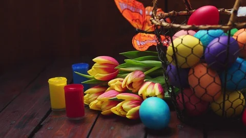 Painted Easter eggs in the basket  Stock Footage 104619044