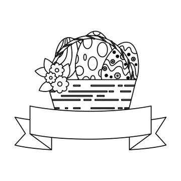 Painted easter eggs in basket with ribbon celebration Illustration