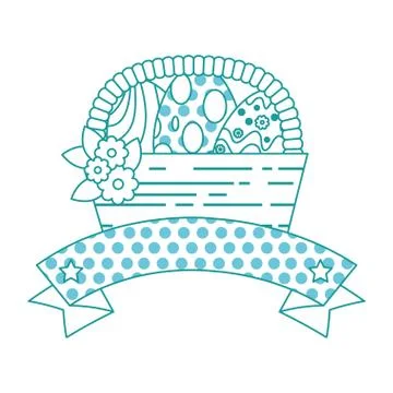 Painted easter eggs in basket with ribbon celebration Illustration