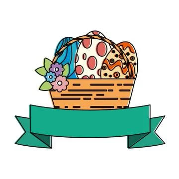 Painted easter eggs in basket with ribbon celebration Illustration