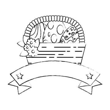 Painted easter eggs in basket with ribbon celebration Illustration