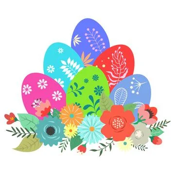Painted Easter eggs, beautiful spring flowers, Easter design Иллюстрация