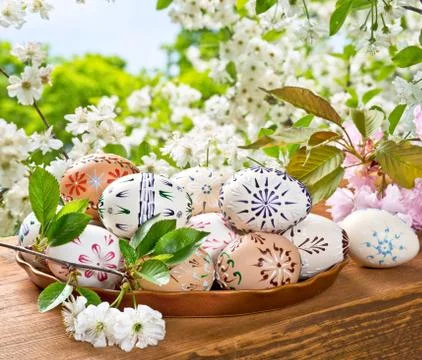 Painted Easter Eggs With Blossom In The Nature Stock Photos