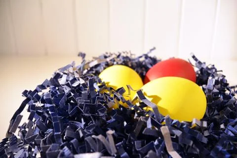 Painted Easter eggs in blue paper bird nest on white Stock Photos