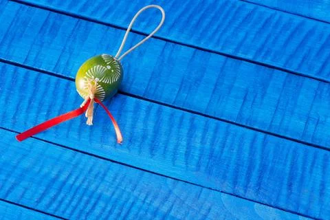 Painted Easter eggs on the blue table 스톡 사진