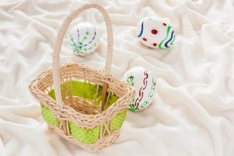 Painted Easter eggs on cloth Stock Photos