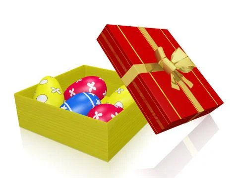 Painted easter eggs in gift box with gold bow ribbon Stock Illustration