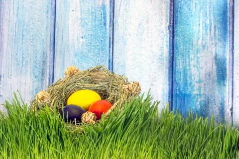 Painted easter eggs in grass nest in grass with shadow of rabbit on blue whit Foto stock