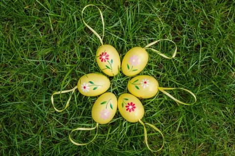 Painted easter eggs on green grass Stock Photos
