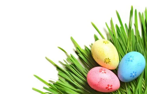Painted Easter eggs on green grass isolated on white. Foto stock