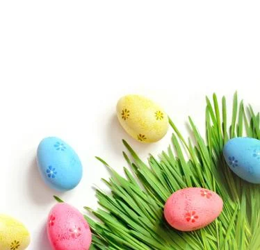 Painted Easter eggs on green grass isolated on white. Stock Photos