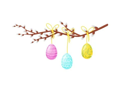Painted Easter eggs hanging on pussy-willow branch. Flat vector for greeting 스톡 일러스트