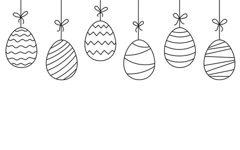 Painted Easter eggs hanging on string, line pattern. Egg in flat hand drawn Stock Illustration
