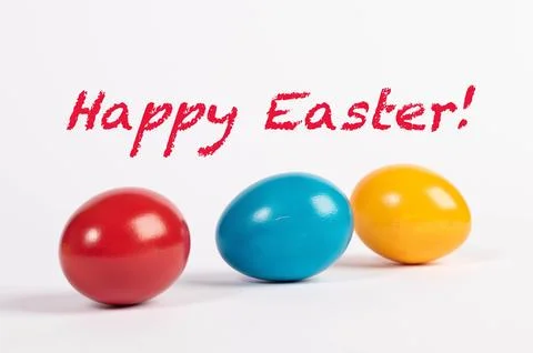 Painted Easter eggs with Happy Easter text Stock Photos