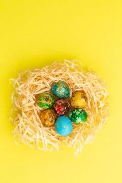 Painted easter eggs lie in a nest of shavings. Stock Photos