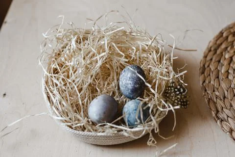 Painted Easter eggs lie in straw plate. empty space for text Stock Photos