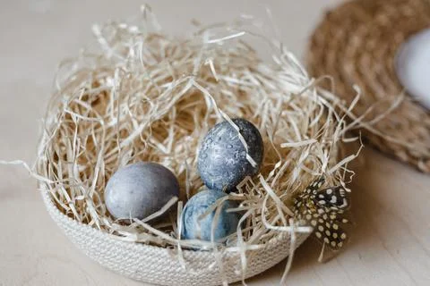 Painted Easter eggs lie in straw plate. empty space for text Stock Photos