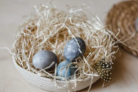 Painted Easter eggs lie in straw plate. empty space for text Stock Photos