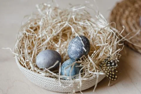 Painted Easter eggs lie in straw plate. empty space for text Stock Photos