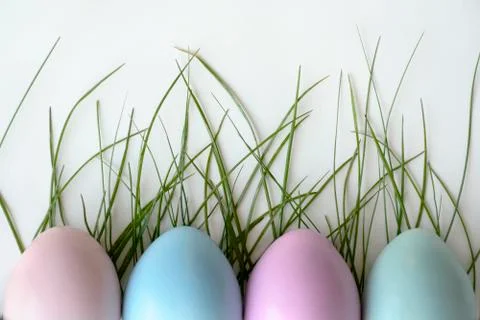 Painted easter eggs lying in the grass Stock Photos